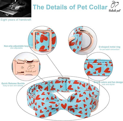 Valentines Dog Collar with Bow Tie - Red Heart Pattern Blue Bowtie Dog Collar Adjustable Heavy Duty Valentines Dog Collars for Small Medium Large Dogs S