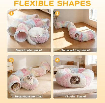Cat Tunnel with Cat Bed for Indoor Cats, Under Christmas Tree Soft Plush Peekaboo Cat Cave Donut Tunnel, Multifunctional Playground Toys Hideplace for Kittens, Rabbit, Ferret