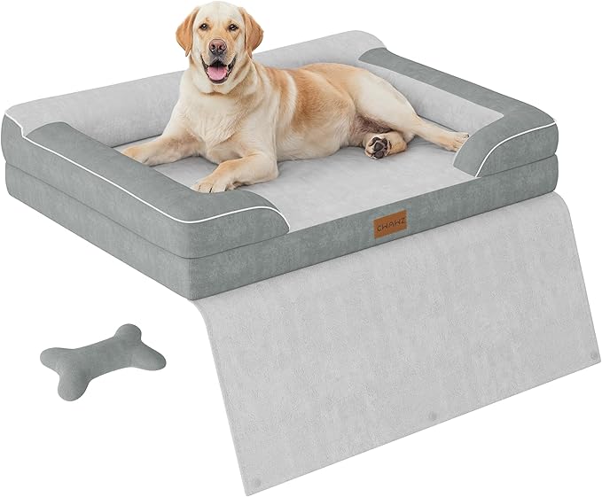 CWAWZ Jumbo Dog Bed for Extra Large Dogs, Orthopedic Dog Beds with Cooling Gel Memory Foam, Waterproof Pet Bed with Removable Washable Cover, 45" Pet Sofa Couch Dutch Velvet with Blanket Bone Toy