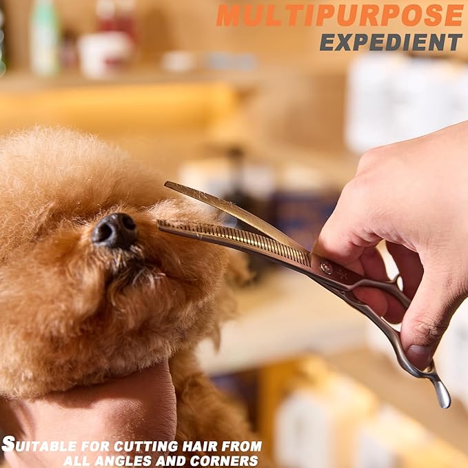 High-end Professional Dog Grooming Curved Thinning Scissors Teeth Blending Shears Pet Texturizing Thinner Blender Shears 7 Inch Extremely Very Sharp Made Of Stainless Steel Alloy For Dog Cat Groomer