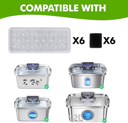 Pethind 6 Pack Dog Water Fountain Filters and 6 Pack Sponges, Suitable for Stainless Steel Dog Water Fountain (PF-SS-01/PF-SS-02/PF-SS-03/PF-SS-04), High Efficiency Filtration, Idividual Package