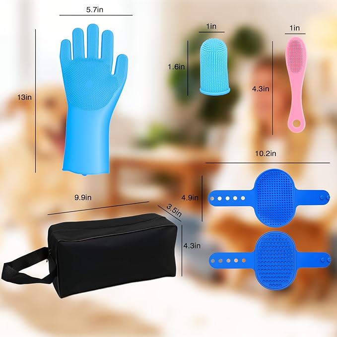 7 Pcs Bathing Kit with Storage Bag for Dogs & Cats Includes Pet Grooming Gloves, Dog Bath Brush & Finger Toothbrush All-in-One Pet Care (Ocean Blue)