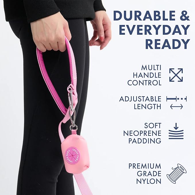 Spark Paws Handsfree Dog Leash – Shock Absorbing Waist Bungee Lead for Running, Car Seatbelt Clip & Poop Bag Set, Heavy Duty Tactical Lead for Medium, Large & X-Large Breeds - Pink