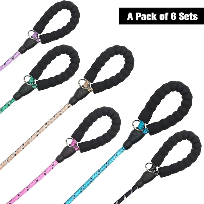BEAUTYZOO Heavy Duty Rope Dog Leash 6 Pack, 6FT Nylon Pet Leash with Reflective Thread, Soft Padded Handle Thick Lead Leash for Large Medium Dogs Small Puppy,3/8inch X 5 FT (18~120 lbs)