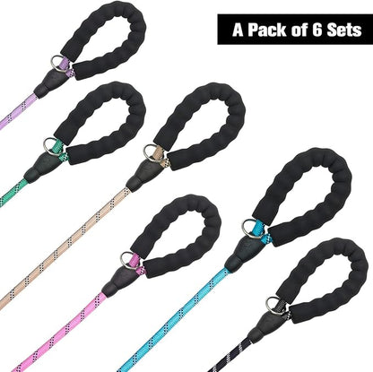 BEAUTYZOO Heavy Duty Rope Dog Leash 6 Pack, 6FT Nylon Pet Leash with Reflective Thread, Soft Padded Handle Thick Lead Leash for Large Medium Dogs Small Puppy,3/8inch X 5 FT (18~120 lbs)