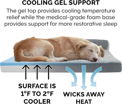 Furhaven Cooling Gel Dog Bed for Medium/Small Dogs w/ Removable Bolsters & Washable Cover, For Dogs Up to 35 lbs - Two-Tone Plush Faux Fur & Suede L Shaped Chaise - Stone Gray, Medium