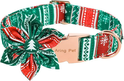ARING PET Christmas Dog Collar, Cute Folk Xmas Red Green Detachable Flower Pet Collars with Metal Buckle for Puppy Small Medium Large Boy Girl Dogs-S