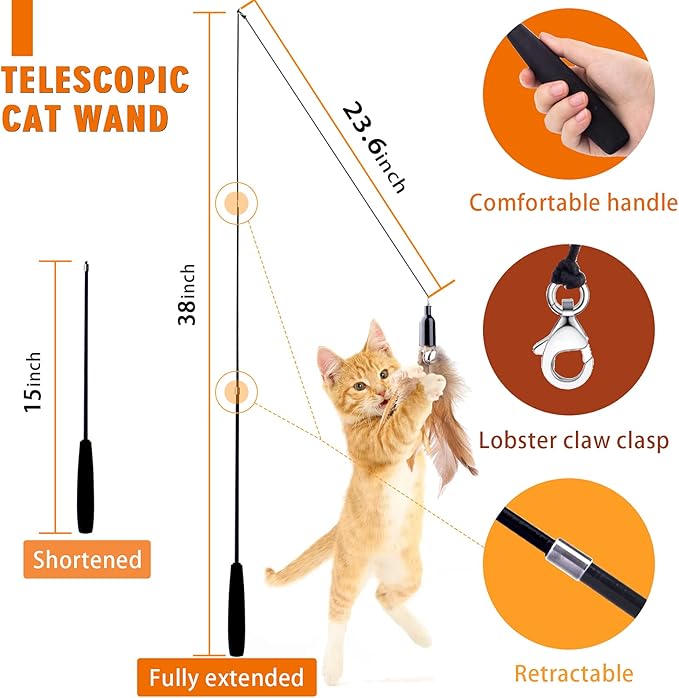 APSUAE Retractable Cat Wand Toys - Interactive Feather Wand with Bell for Indoor/Outdoor Cats, 8 Pack