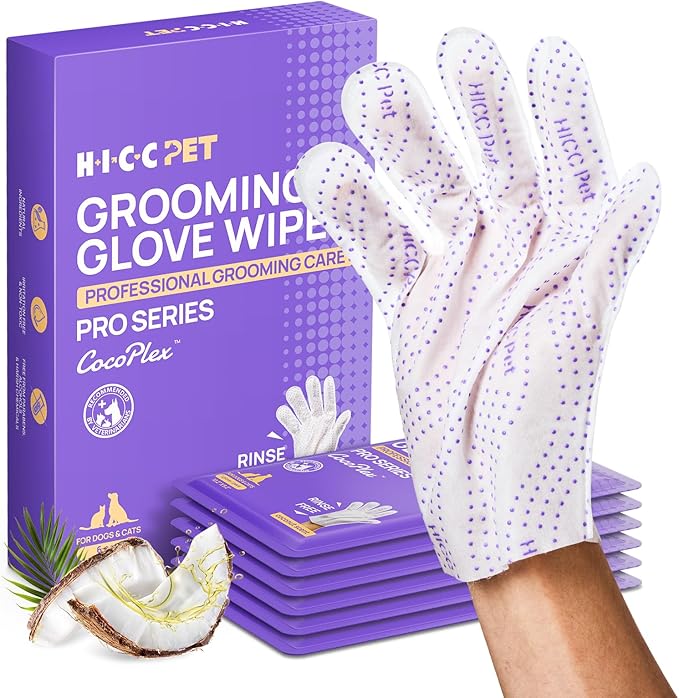 HICC PET Glove Wipes Pro – Pet Cleaning Gloves for Dogs & Cats – Infused with Coconut Oil & Plant Extracts – Hypoallergenic, Gentle, Spa-Like Care at Home, Portable 6 Pack-Coconut Scent
