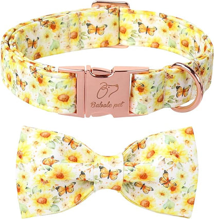 Floral Dog Collar with Bow Tie - Adjustable Yellow Sunflower Bowtie Collar Breathable Comfort Spring-Summer Dog Collars for Small Medium Large Dogs S