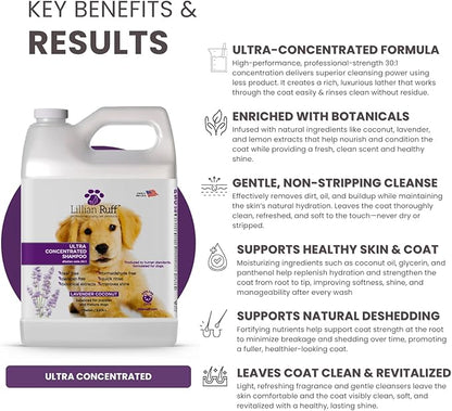 Lillian Ruff PRO Formula Ultra Concentrated Dog Shampoo – Makes 4 Gallons/30 Bottles, 30:1 Dilution, Professional Pet Shampoo for Sensitive Skin | Deodorizing & pH-Balanced Made in USA Gallon+Pump