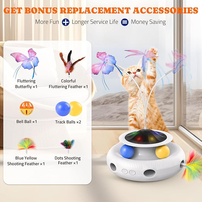 Pawtners Interactive Cat Toy, 4 in 1 Automatic Interactive Kitten Toys for Indoor Cats Rechargeable with Fluttering Butterfly, Track Balls and Ambush Feather