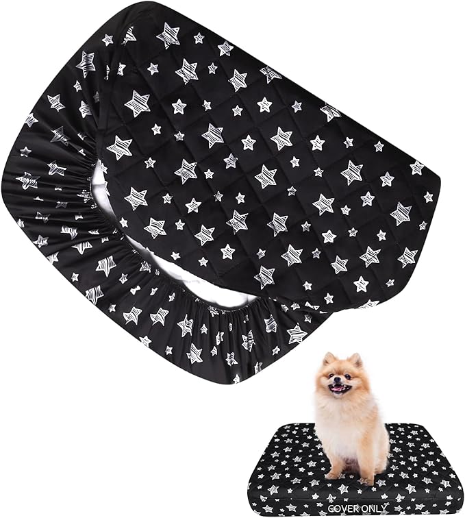 Waterproof Dog Bed Covers Replacement Washable Pet Hair Easy to Remove, Noiseless Quilted Puppy Pet Bed Cover Lovely Black Star Print 16x25 Inches, for Dog/Cat, Cover Only