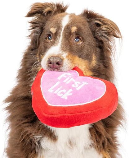 Huxley & Kent Funny Dog Toy w/Squeaker – Power Plush Squeaky Dog Toys for Small, Medium & Large Dogs – Soft Stuffed Animal for Indoor Play & Fetch - First Lick Heart, Large