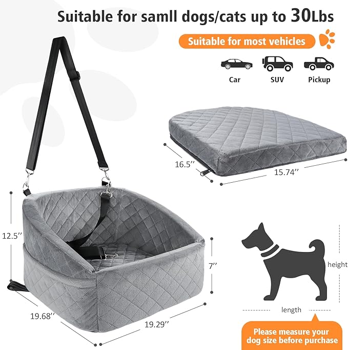 NEEZUKAR Dog Car Seat for Small Dogs,Detachable Washable Dog Booster Seat for Medium Dogs Under 30lbs, Pet Car Seat Travel Bed with Storage Pockets and Dog Safety Belt (Grey)