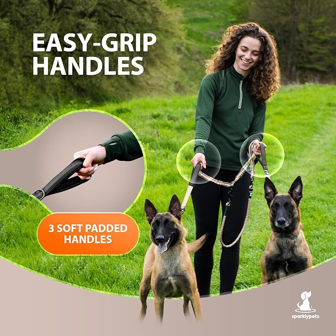 SparklyPets - Double Dog Bungee Rope Leash - Dual Dog Lead for Medium and Large Breeds - Padded Handles, No Tangle - Flow Leash, 2 Dogs Walking Accessory