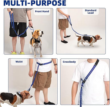 PUPTECK Heavy Duty Bungee Leash for Medium Large Dogs, No Pull Tactical Dog Leash with Double Handles for Training, Reflective with Car Seatbelt and Quick Release Buckle, Blue