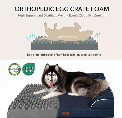 Casa Paw Orthopedic Dog Beds for Extra Large Sized Dogs, Waterproof Memory Foam XL Pet Bed with Sides 48x30Inch, Non-Slip and Egg-Crate Foam Big Dog Couch Bed with Removable Washable Cover, Navy Blue