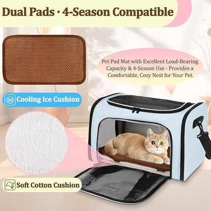 DSDCDJ Cat Carrier Dog Carrier - Soft-Sided Cat Carrier with Plush Pad & Cooling Mat, Easy-Load 4-Side Zipper & 3-Side Mesh Ventilation, Pet Carrier Airline Approved for Cats/Dogs Up to 20 lbs, Blue