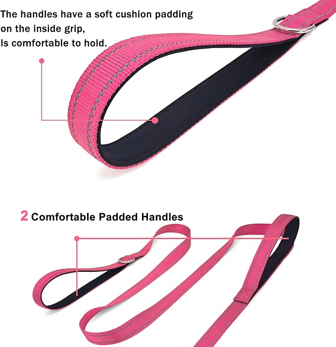 6 FT Dog Leash with 2 Padded Handle Nylon Reflective Dogs Leashes for Small Medium Large Dogs Hot Pink