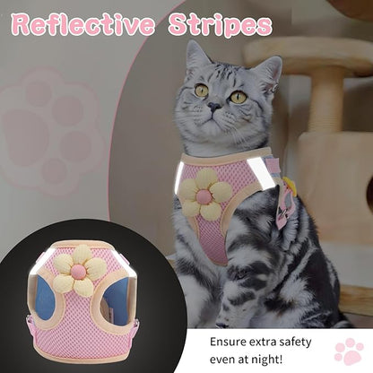Cat Harness and Leash Set for Walking Escape Proof, Adjustable Kitten Harness Breathable Mesh with Reflective Strips Harness with Flower for Kitty Puppy Bunny