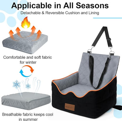 Dog Car Seat for Small/Medium Dogs Under 35lbs, Pet Booster Seat with 4In Memory Foam Cushion, Fully Detachable and Washable, Travel Dog Carseat with Storage Pocket and Safety Belt