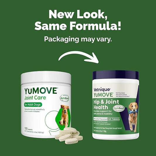 Yumove Hip & Joint Supplement for Dogs with Glucosamine, Hyaluronic Acid, Green Lipped Mussel & Omega 3 Joint Supplement - Regular or Advanced Strength (120 Count, Chewable Tablets)