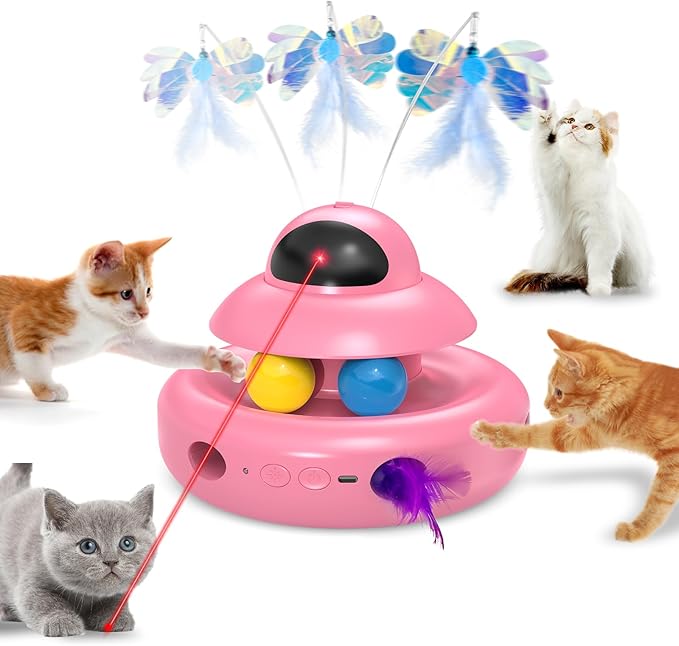 MOHAYA Automatic Cat Toys,4-in-1 InteractiveCat Toys for Bored Indoor Adult Cats, Electric Flying Butterfly,Rechargeable Moving Ambush Feather,Pink Kitter Toy Track Balls