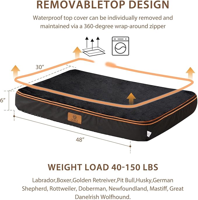 LIORCE Orthopedic Memory Foam XXL Dog Bed - 6" Thick Beds for Extra Large Sized Dog - Waterproof Removable Washable Cover & Wrap-Around Zipper - Ultimate Comfort & Easy Maintenance, Black