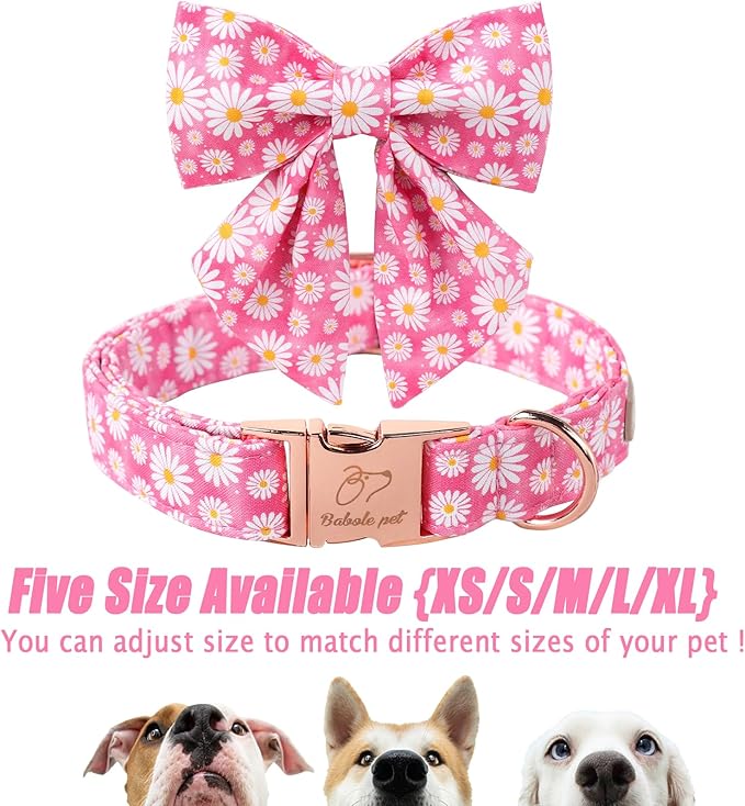 Floral Dog Collar with Lady Bow - Spring Daisy Dog Collars Girly Pink Sailor Bowtie Collars, Adjustable Metal Buckle Female Dogs Collar for Small Medium Large Dogs S