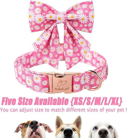 Floral Dog Collar with Lady Bow - Spring Daisy Dog Collars Girly Pink Sailor Bowtie Collars, Adjustable Metal Buckle Female Dogs Collar for Small Medium Large Dogs S