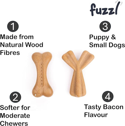 Fuzzl Puppy & Small Dog Chew Toy Tasty Bacon Flavour Twin Pack - Bone and Wishbone - Soft and Durable Chew Toys for Puppies and Small Dogs