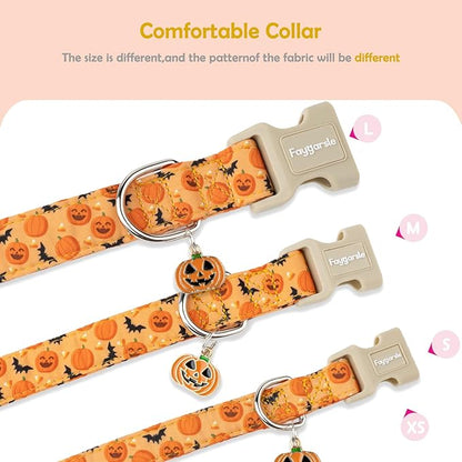 Faygarsle Halloween Dog Collar, Orange Pumpkin and Bat Pattern, Fall Festive Design for Small Medium Large Dogs M