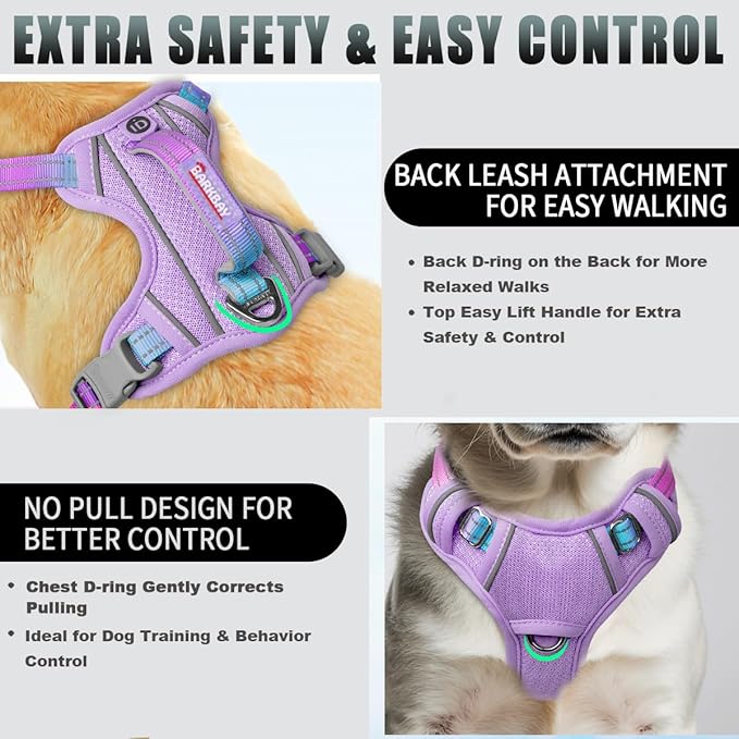 BARKBAY No Pull Dog Harness Large Reflective Dog Harness with Front Clip and Easy Control Handle for Walking Training Running with ID tag Pocket(Lavender Sky,S)