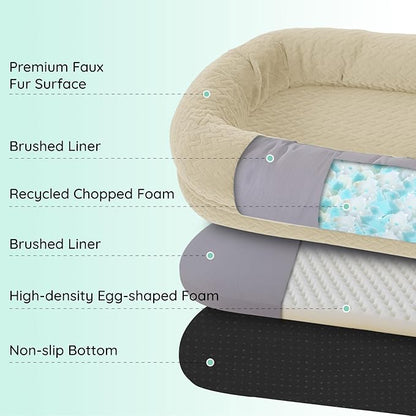 Human Dog Bed for Adult - Luxury Faux Fur Giant Size Dog Bed with Portable Handle, Egg Orthopedic Foam Bed with Blanket, 72"x40"x10", Linen