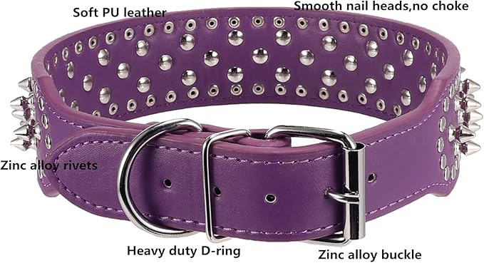 Hoot PU Leather Adjustable Spiked Studded Dog Collar 2" Wide 31 Spikes 52 Studs (S(Neck 17"-20"), Purple)