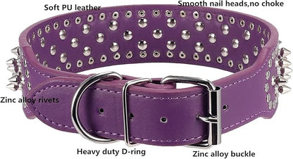 Hoot PU Leather Adjustable Spiked Studded Dog Collar 2" Wide 31 Spikes 52 Studs (S(Neck 17"-20"), Purple)