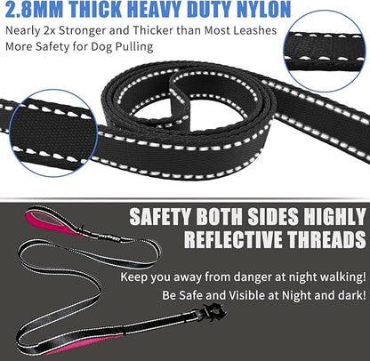 Strong Heavy Duty Dog Leash - 4ft Reflective Nylon Training Leash with Soft Padded Double Handle & Auto Lock Frog Clip - Safety Traffic Control for Large Medium Small Dogs No Pull Walk Black Pink,4ft
