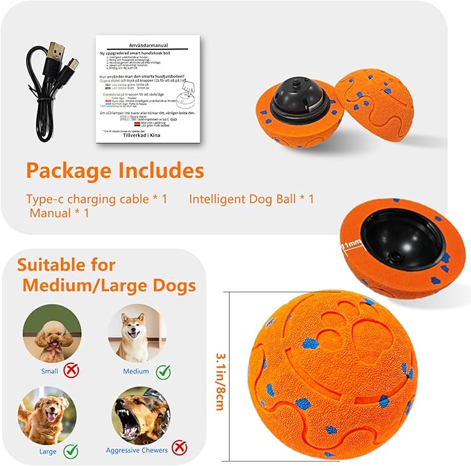 Interactive Dog Ball, Automatic Moving, Bouncing Chew Toys, Wicked Balls with 3 Modes, E-TPU Vibrating Dog Ball for Medium and Large Dogs, IP54 Waterproof, Birthday Gifts for Dogs(Orange)