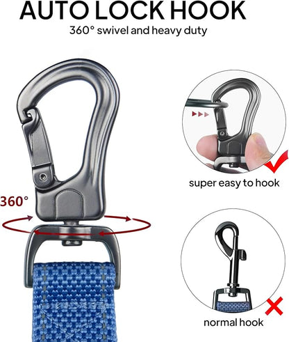 TwoEar 6FT 1IN Strong Dark Blue Dog Leash with 2 Padded Handles, Traffic Handle Extra Control, Comfortable Soft Dual Handle, Auto Lock Hook, Reflective Walking Lead for Small Medium and Large Dogs