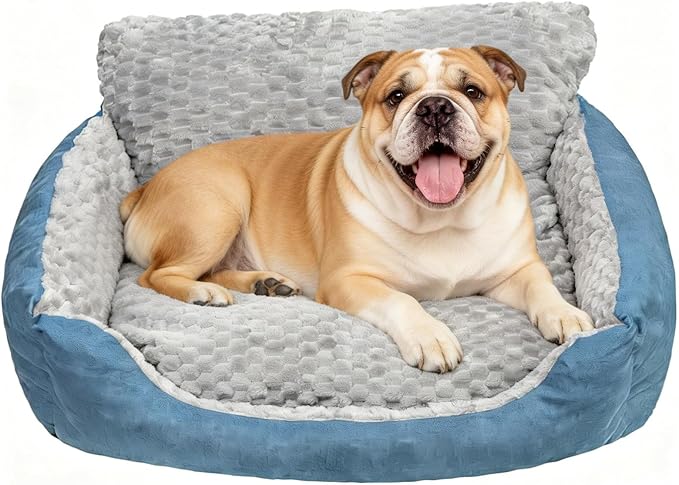 Dog Beds for Medium Dogs with Soft Plush Cushion, Blue and Gray Machine Washable Pet Bed,Non-Slip Year-Round Faux Fur Linen Pet Sofa(Up to 33 lbs)