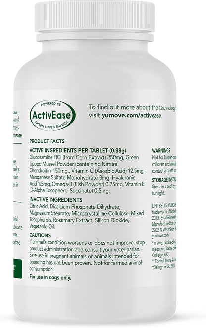 Yumove Hip & Joint Supplement for Dogs with Glucosamine, Hyaluronic Acid, Green Lipped Mussel & Omega 3 Joint Supplement - Regular or Advanced Strength (60 Count, Chewable Tablets)