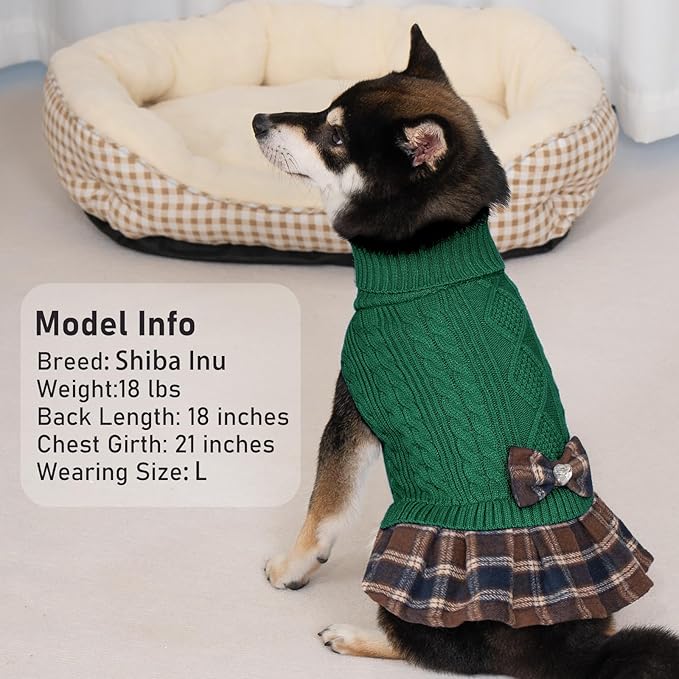 KYEESE Dog Sweater Thick Dog Sweaters for Small Dogs Male Comfy Dogs Clothes with Bowtie Soft Turtleneck Pet Sweater Dress Warm Pullover Pet Coats, Green, X-Large