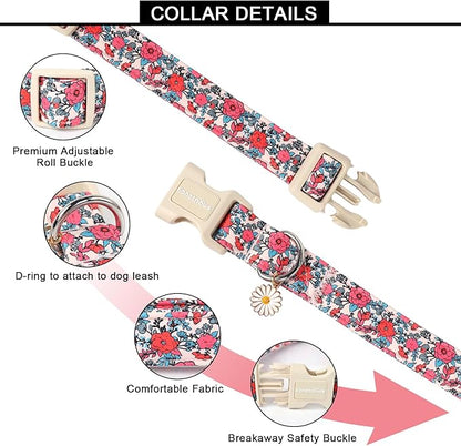 Lionet Paws Floral Dog Collar- Cute Red Pink Flower Dog Collars with Plastic Buckle, Light Adjustable Dog Collars for Small Dogs