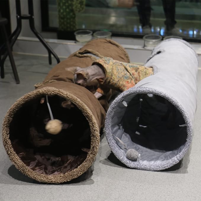 Terunat Cat Tunnel for Indoor Cats, 51×12 inch Foldable Big Cat Tunnel, Brown Suede Pet Tunnels with Two Peepholes and a Bubble Ball