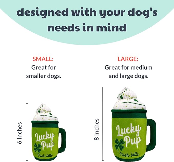 Huxley & Kent Funny Dog Toy w/Squeaker – Power Plush Squeaky Dog Toys for Small, Medium & Large Dogs – Soft Stuffed Animal for Indoor Play & Fetch - Lucky Pup Irish Latte, Small