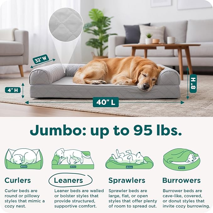 Furhaven Cooling Gel Dog Bed for Large Dogs w/ Removable Bolsters & Washable Cover, For Dogs Up to 95 lbs - Quilted Sofa - Silver Gray, Jumbo/XL