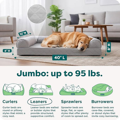 Furhaven Cooling Gel Dog Bed for Large Dogs w/ Removable Bolsters & Washable Cover, For Dogs Up to 95 lbs - Quilted Sofa - Silver Gray, Jumbo/XL