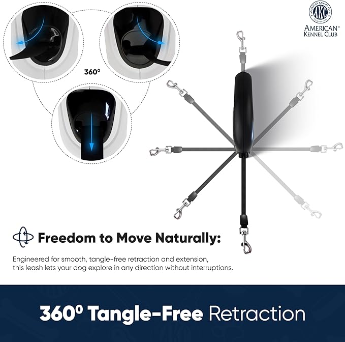 American Kennel Club Retractable Dog Leash, 16.4ft, Tangle-Free, Ergonomic Grip, One-Hand Brake, for Medium & Large Dogs up to 66