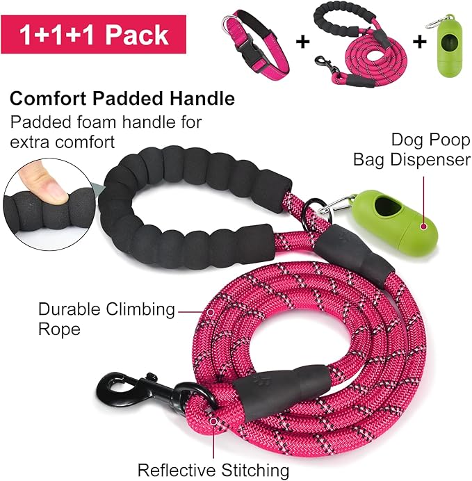 Dynmeow Reflective Dog Collar and Leash Set, 6FT Strong Climbing Rope Leash with Padded Handle, Adjustable Pet Collar with Soft Neoprene Padding for Small Medium Dogs, Hot-Pink, S